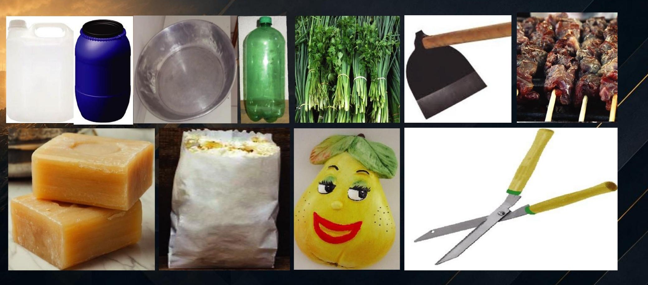 Colagem dos primeiros produtos vendidos na infância: sabão, temperos, pipoca, enxada e tesoura de jardim